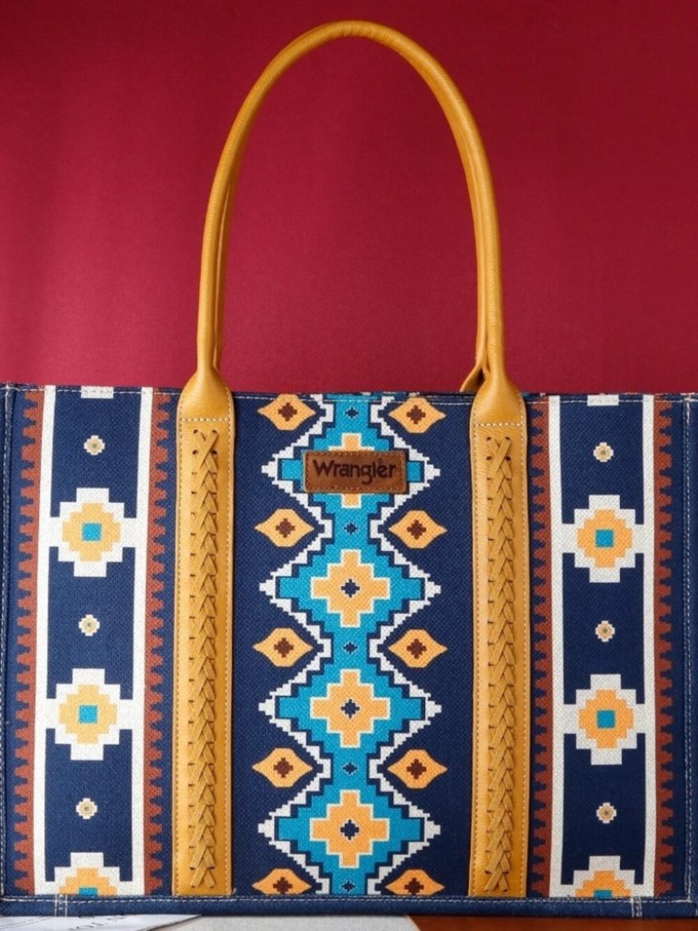 Wrangler Southwestern Pattern Dual Sided Print Canvas Wide Tote Mustard